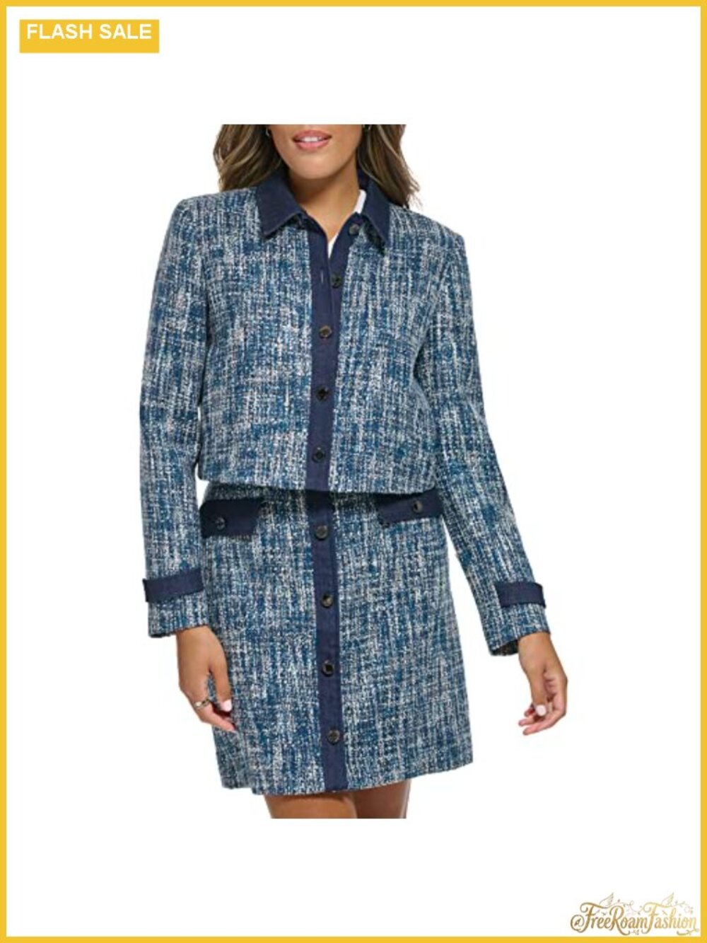 Tweed Cropped Blazer Notch Lapel Long Sleeve Button Business
